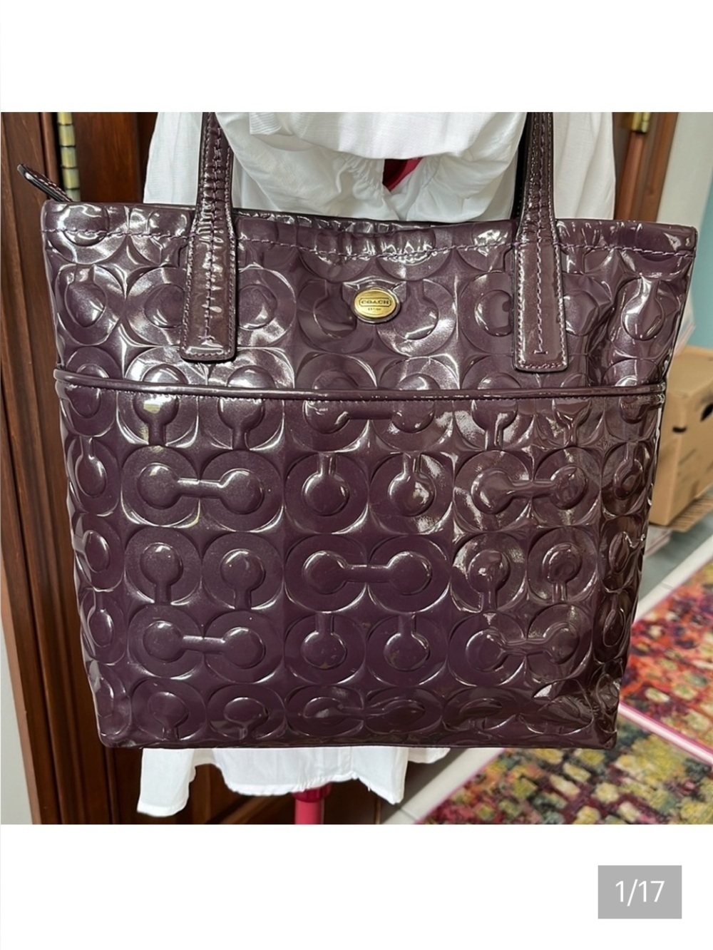 Coach Rare Vintage shoulder bag  Patent leather deep plum embossed monogram Tote